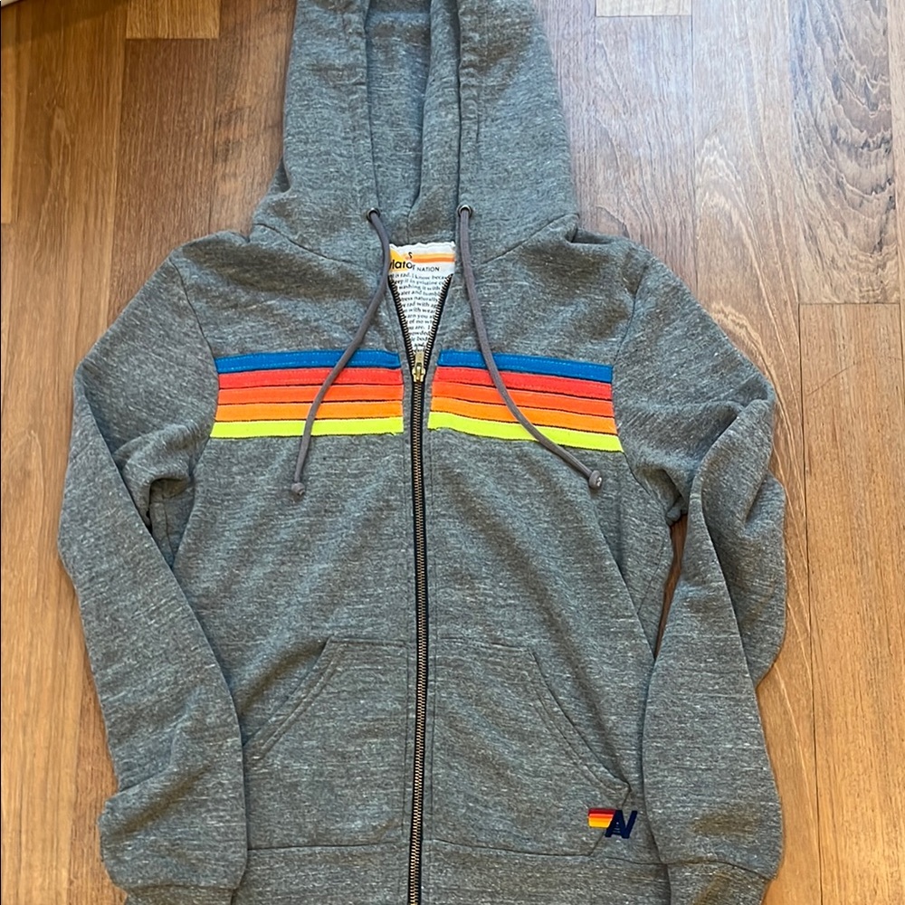 Aviator Nation gray hoodie with multicolor stripes